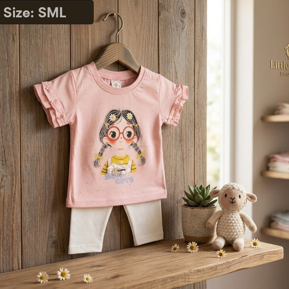 Imported Girls 2-Piece Pink Ruffle Tee & White Leggings Set