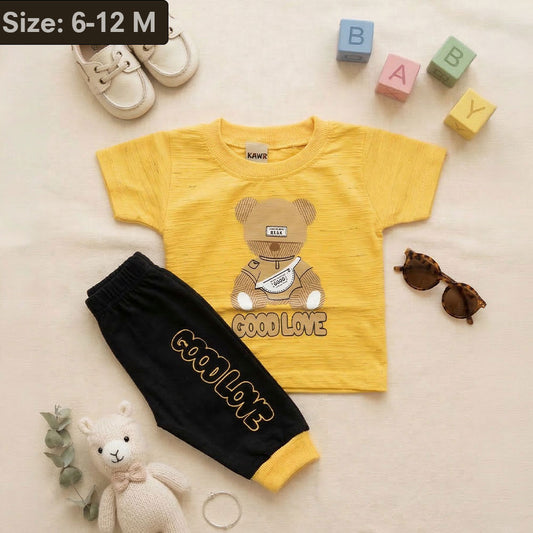Baby 2-Piece Teddy Bear Outfit - Mustard Yellow & Black "Good Love" Dress