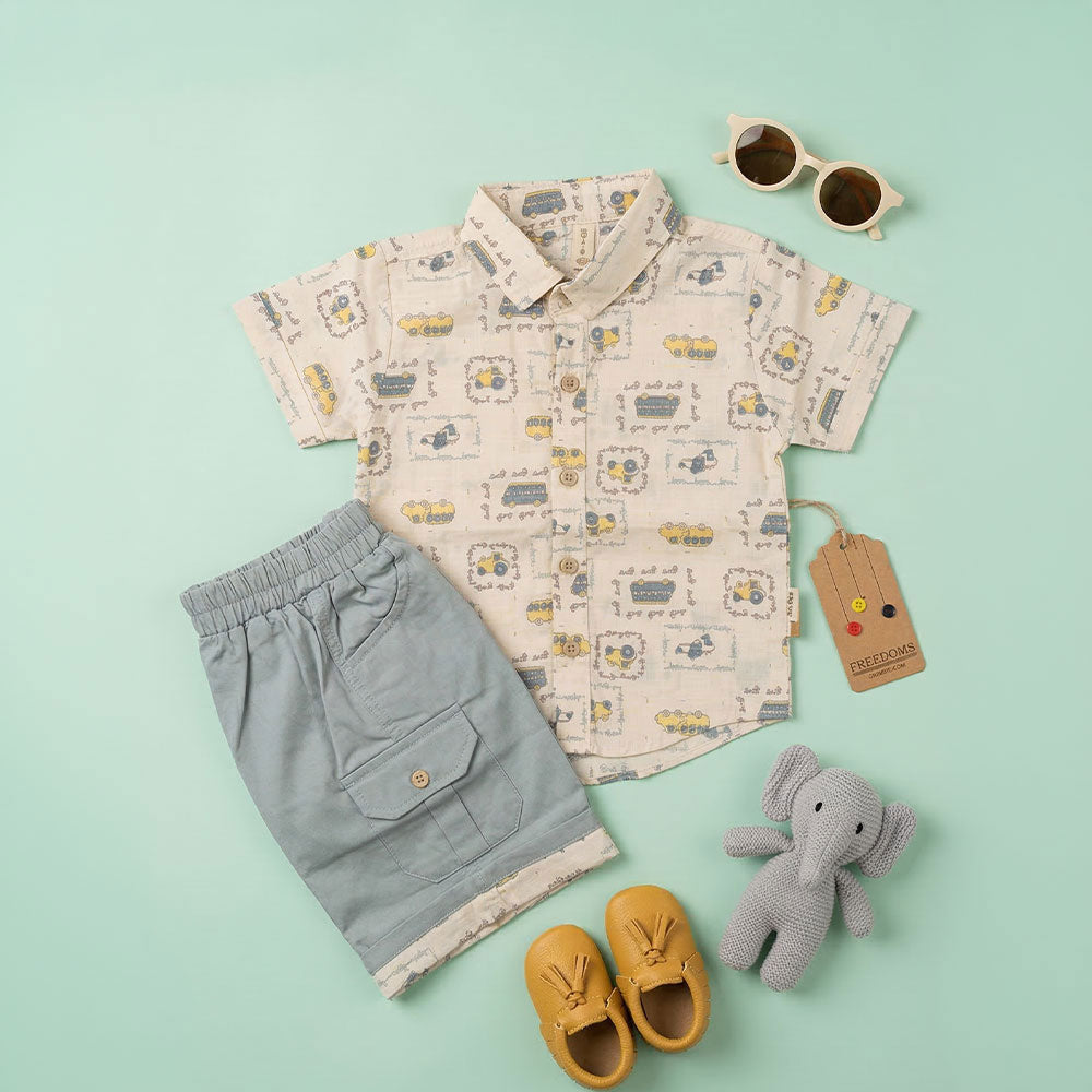 Kids Premium Cotton/Linen Vintage Vehicle Shirt & Cargo Shorts Dress