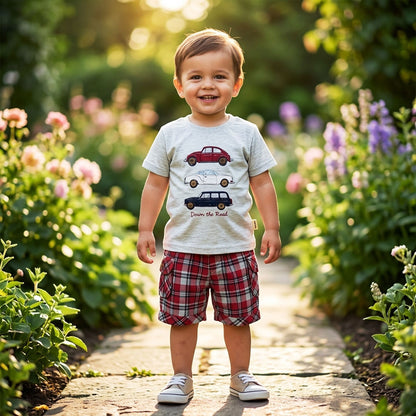 Premium Kids Vintage Car T-Shirt & Red Plaid Shorts Set