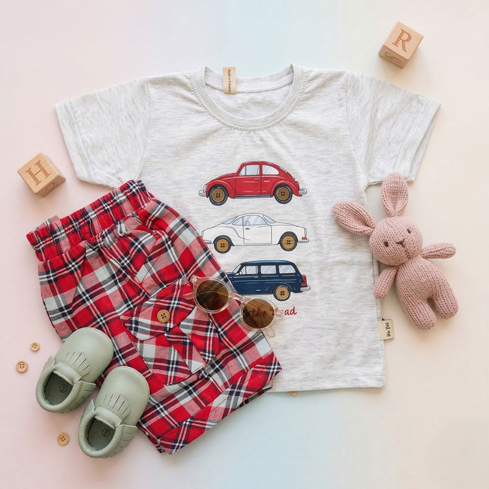 Premium Kids Vintage Car T-Shirt & Red Plaid Shorts Set