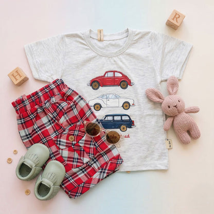 Premium Kids Vintage Car T-Shirt & Red Plaid Shorts Set