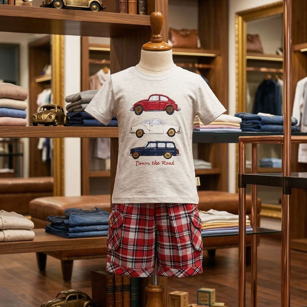Premium Kids Vintage Car T-Shirt & Red Plaid Shorts Set