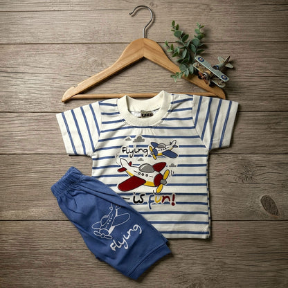 Boys Airplane Print Striped T-Shirt and Shorts Set