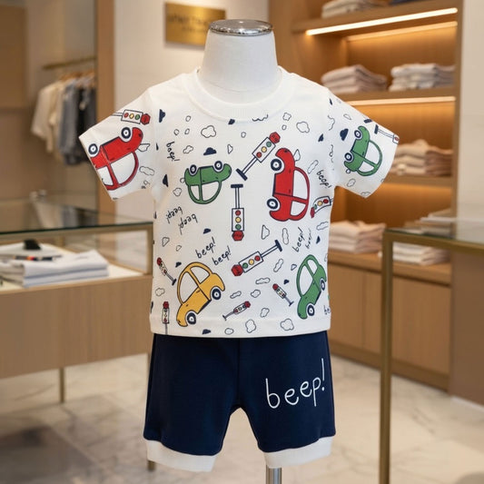 Toddler Boys 2-Piece "Beep! Beep!" Car Print T-Shirt and Shorts Set