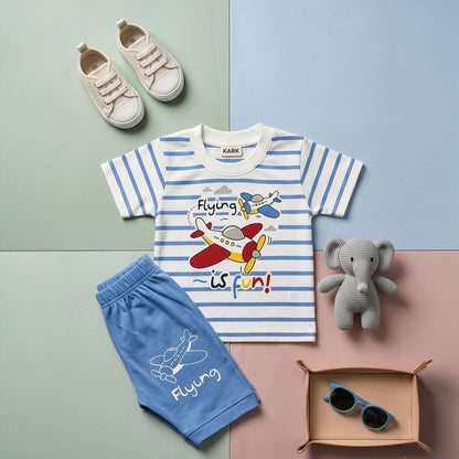 Boys Airplane Print Striped T-Shirt and Shorts Set