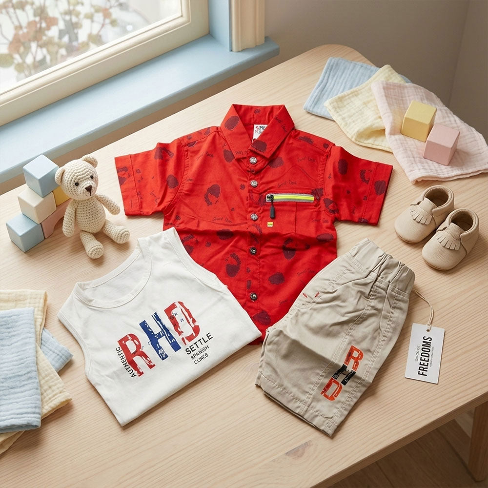 Premium Boys 3-Piece Summer Outfit Set - Red Patterned Shirt, Graphic Tank & Cargo Shorts