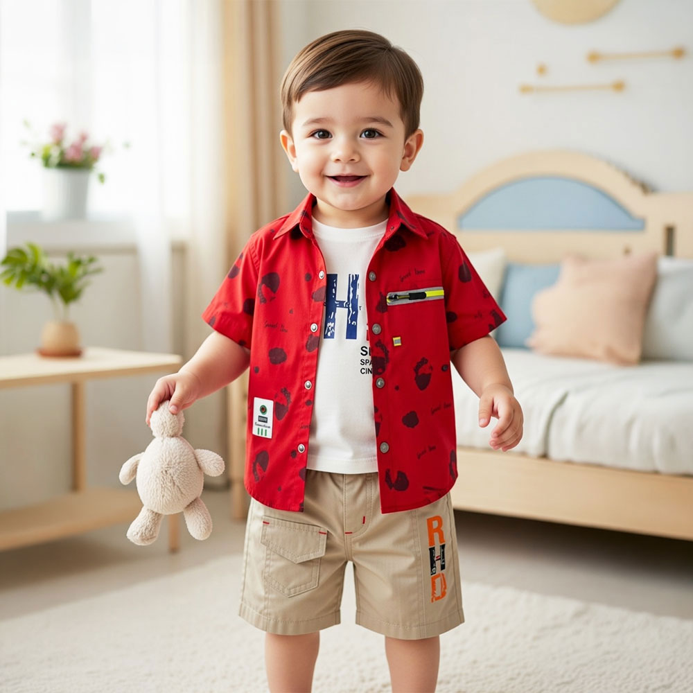 Premium Boys 3-Piece Summer Outfit Set - Red Patterned Shirt, Graphic Tank & Cargo Shorts