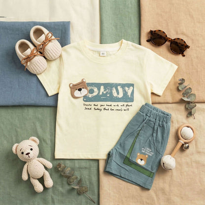 Imported Kids Bear Design T-Shirt & Teal Shorts Set – Trendy Summer Look