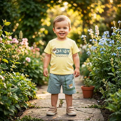 Imported Kids Bear Design T-Shirt & Teal Shorts Set – Trendy Summer Look