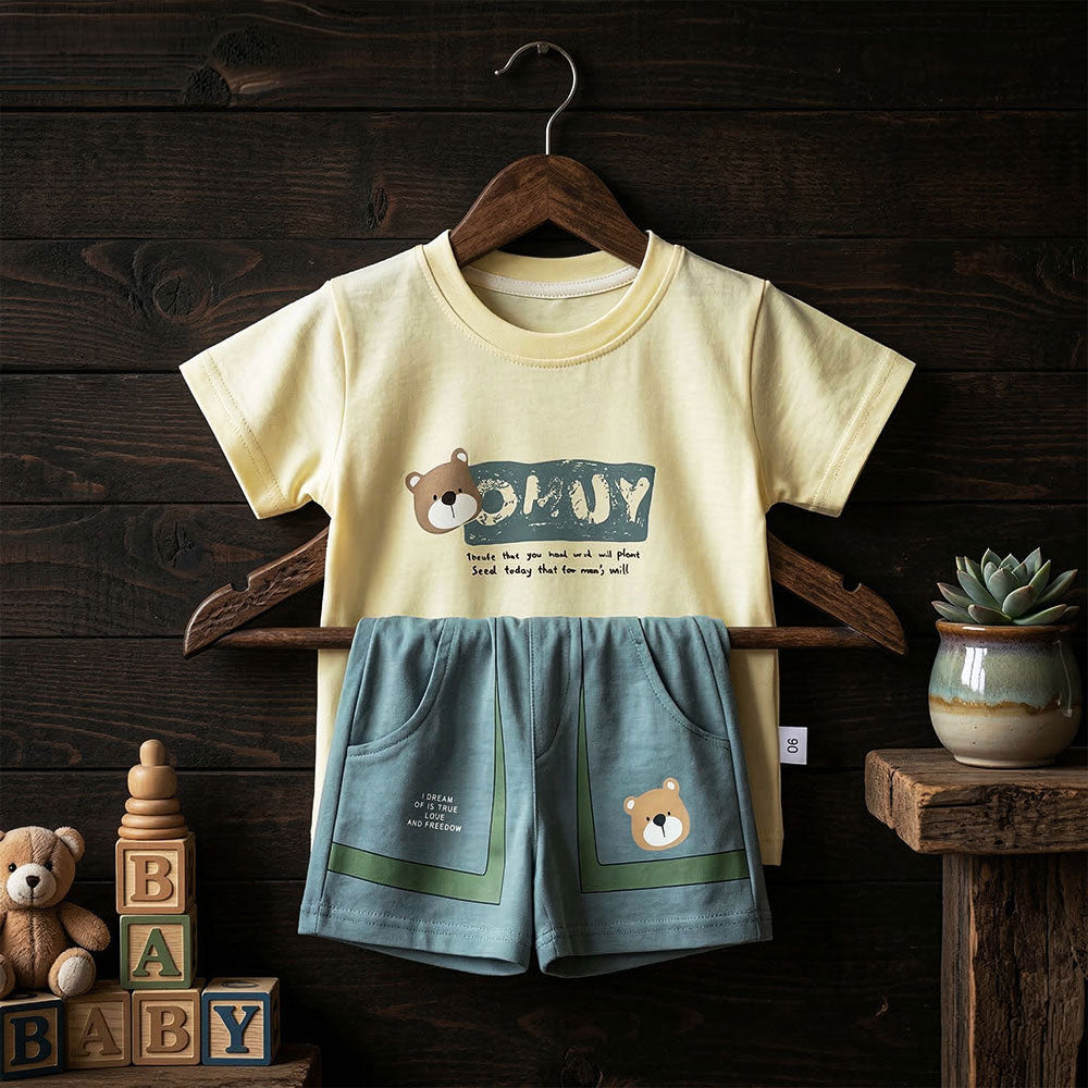 Imported Kids Bear Design T-Shirt & Teal Shorts Set – Trendy Summer Look
