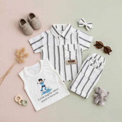 Premium Kids 3-Piece Striped Button-Down Shirt, Vest & Shorts Set