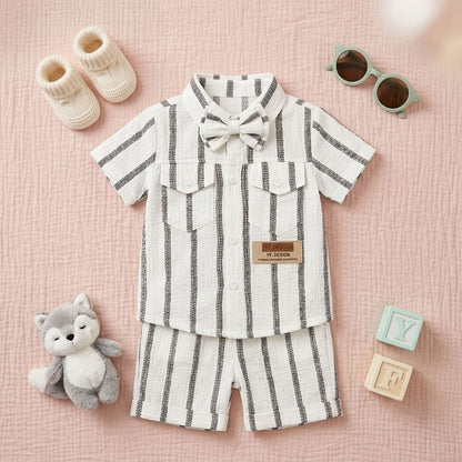 Premium Kids 3-Piece Striped Button-Down Shirt, Vest & Shorts Set
