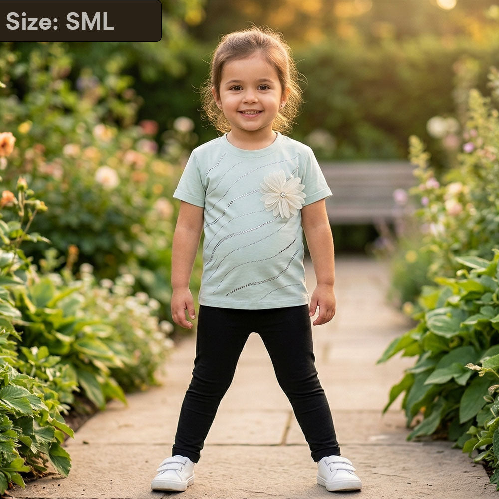 Girls 2-Piece Mint Green Floral Appliqué Tee and Black Tights Set