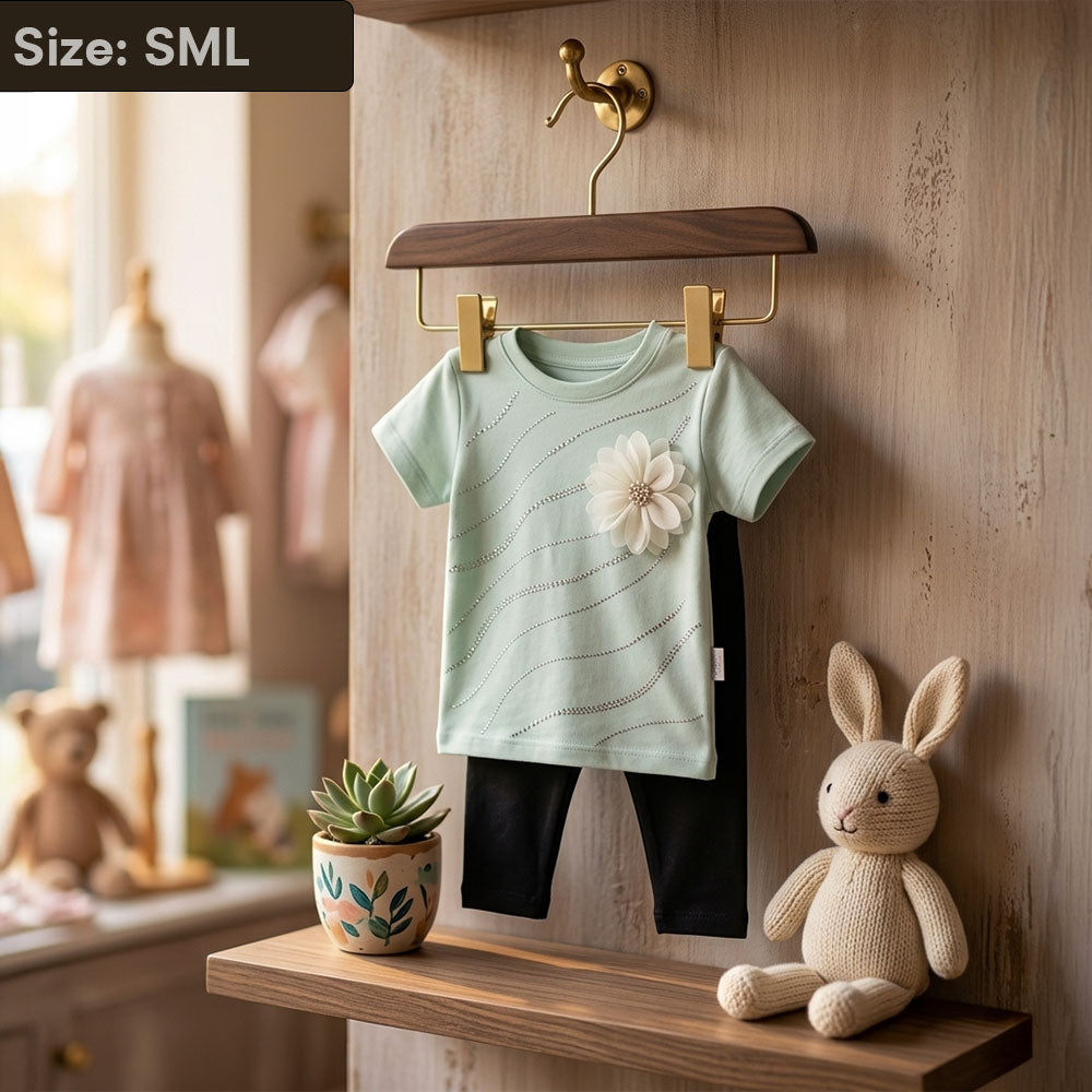 Girls 2-Piece Mint Green Floral Appliqué Tee and Black Tights Set