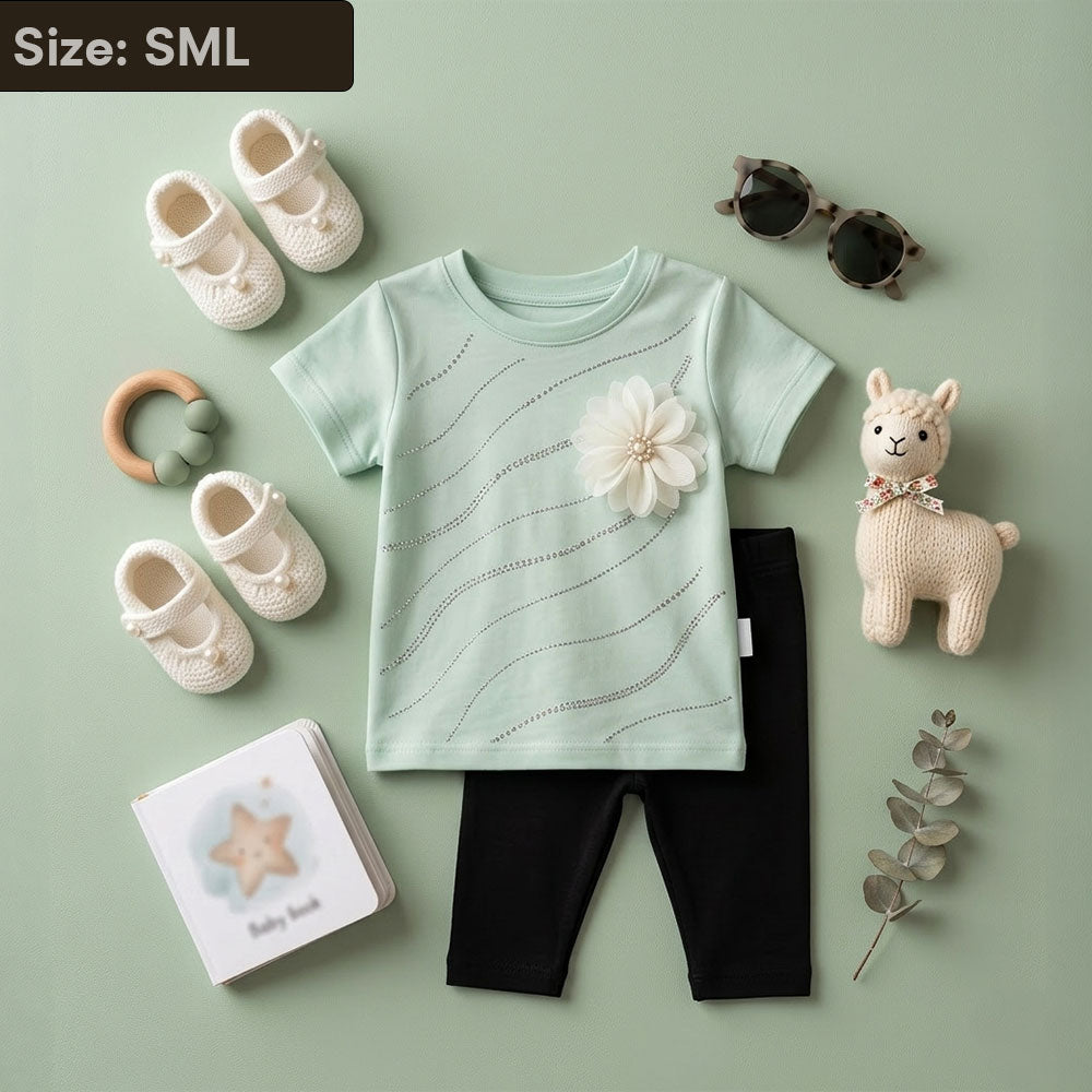 Girls 2-Piece Mint Green Floral Appliqué Tee and Black Tights Set