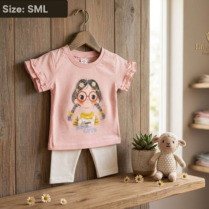 Imported Girls 2-Piece Pink Ruffle Tee & White Leggings Set