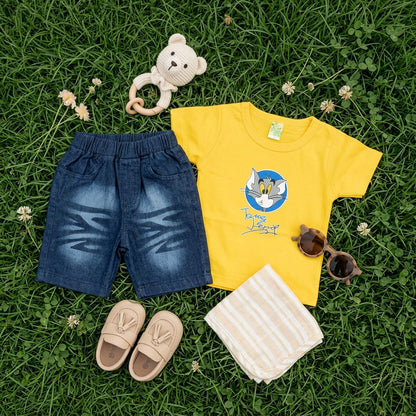 Imported Children’s Cartoon Print T-Shirt and Denim Shorts Set