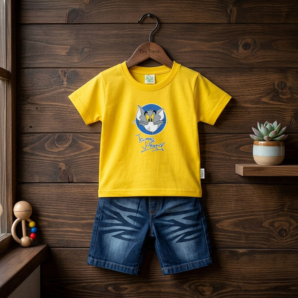 Imported Children’s Cartoon Print T-Shirt and Denim Shorts Set