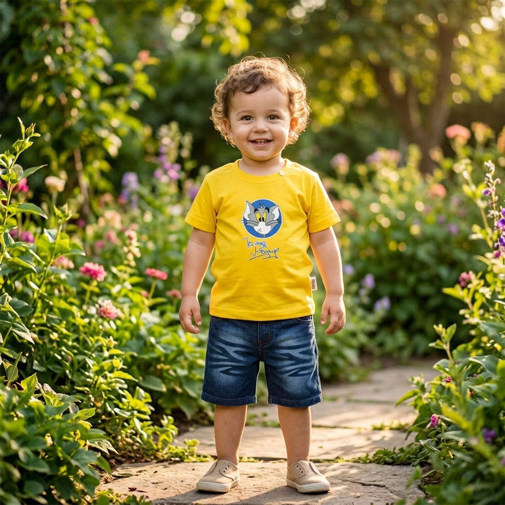 Imported Children’s Cartoon Print T-Shirt and Denim Shorts Set