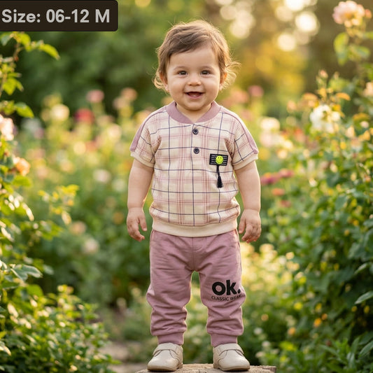 Baby Boys Stretchable Cotton-Blend Summer Outfit – Checkered T-Shirt & Jogger Set