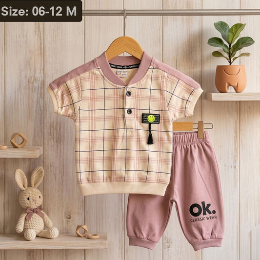 Baby Boys Stretchable Cotton-Blend Summer Outfit – Checkered T-Shirt & Jogger Set