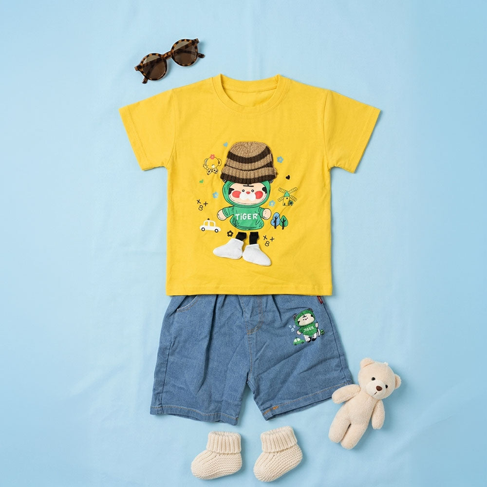 Imported Girls 2-Piece Set - Yellow Tee with 3D Knit Hat Tiger & Denim Shorts