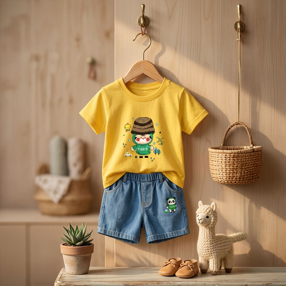 Imported Girls 2-Piece Set - Yellow Tee with 3D Knit Hat Tiger & Denim Shorts