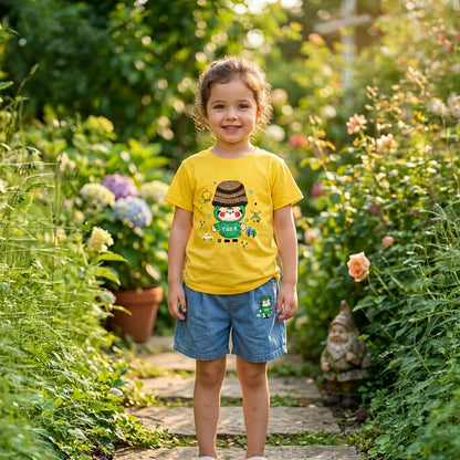 Imported Girls 2-Piece Set - Yellow Tee with 3D Knit Hat Tiger & Denim Shorts