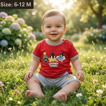 Imported Boys Red Cartoon Graphic T-Shirt & Grey Shorts 2-Piece