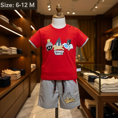 Imported Boys Red Cartoon Graphic T-Shirt & Grey Shorts 2-Piece