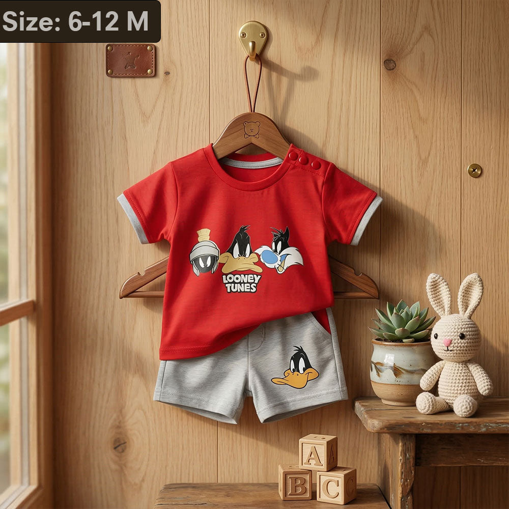 Imported Boys Red Cartoon Graphic T-Shirt & Grey Shorts 2-Piece
