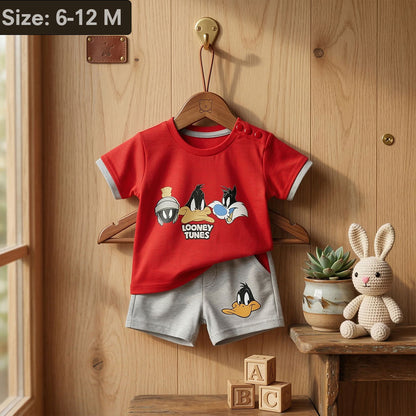 Imported Boys Red Cartoon Graphic T-Shirt & Grey Shorts 2-Piece