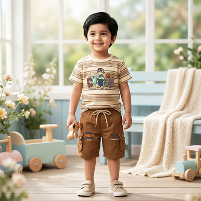 Kids Striped Graphic Tee and Brown Cargo Shorts Set