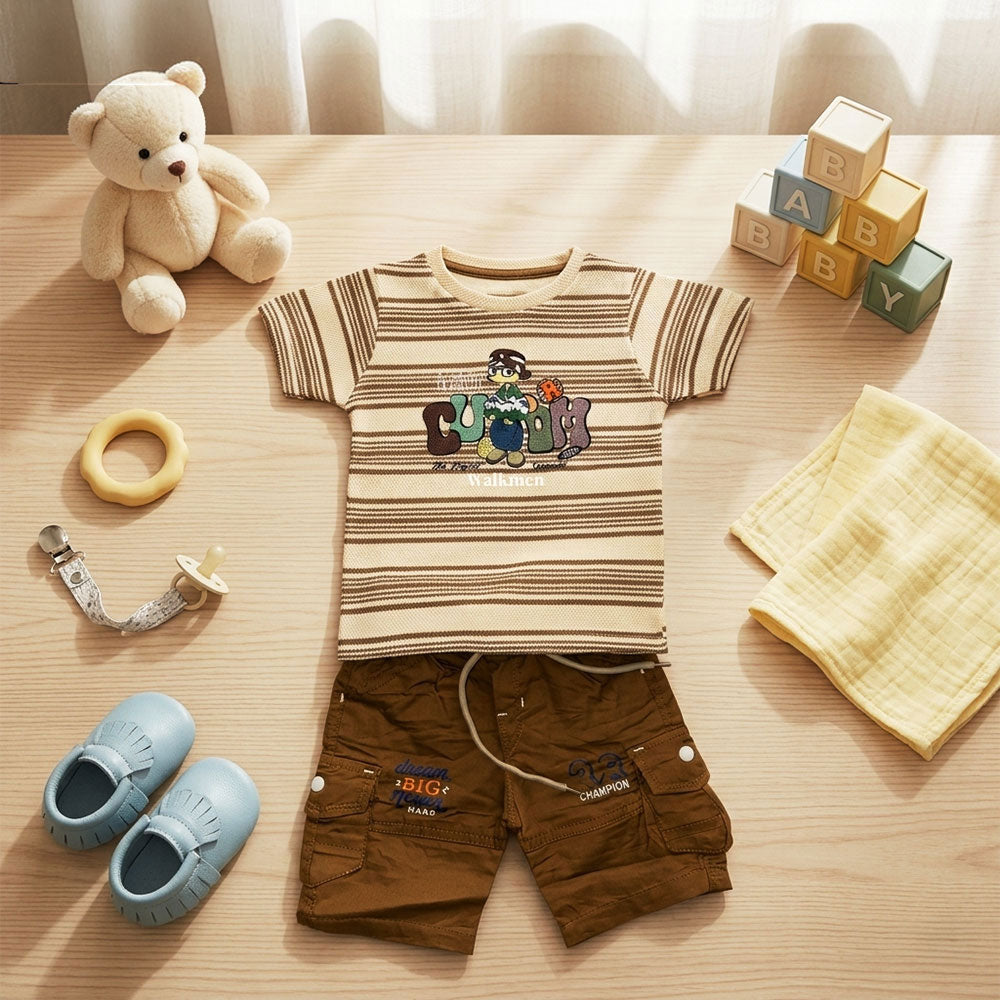 Kids Striped Graphic Tee and Brown Cargo Shorts Set