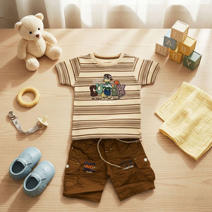Kids Striped Graphic Tee and Brown Cargo Shorts Set