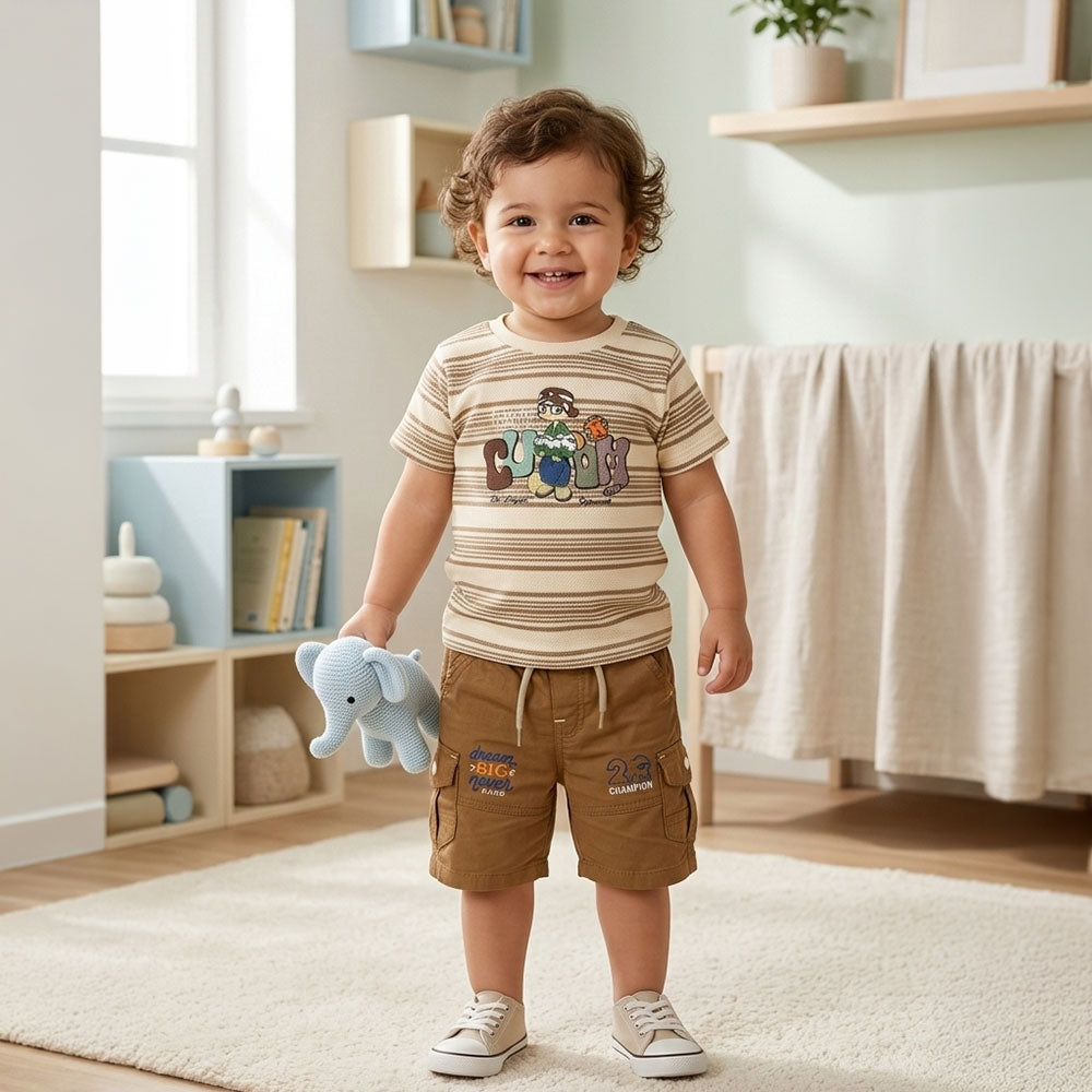 Kids Striped Graphic Tee and Brown Cargo Shorts Set