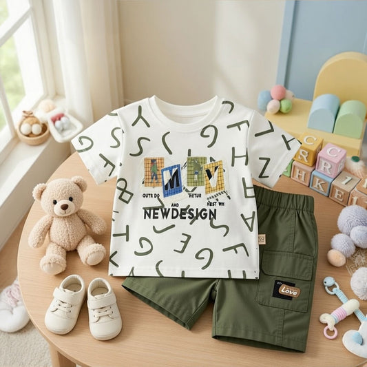 Boys 2-Piece Alphabet Tee & Olive Cargo Shorts Set | MiniStars Store