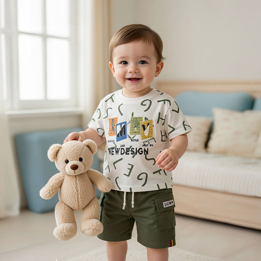 Boys 2-Piece Alphabet Tee & Olive Cargo Shorts Set | MiniStars Store