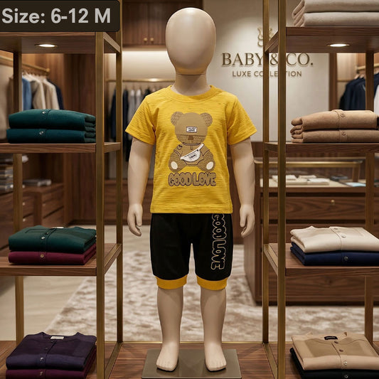 Baby 2-Piece Teddy Bear Outfit - Mustard Yellow & Black "Good Love" Dress