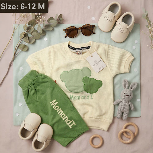 Baby 2-Piece "Mom and I" Waffle Texture Set - Cream & Sage Green Bear Outfit