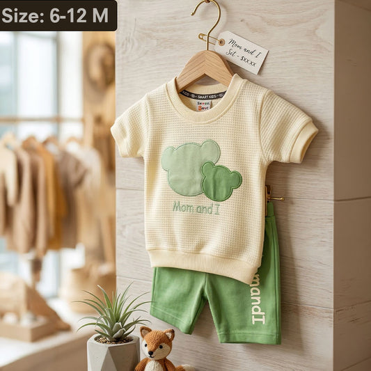 Baby 2-Piece "Mom and I" Waffle Texture Set - Cream & Sage Green Bear Outfit