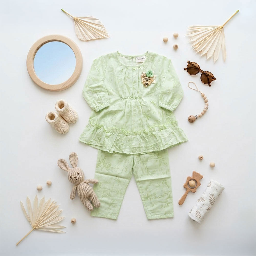 Premium Girls 2-Piece Shimmer Set - Sage Green Frock Top & Pants