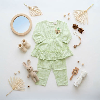 Premium Girls 2-Piece Shimmer Set - Sage Green Frock Top & Pants