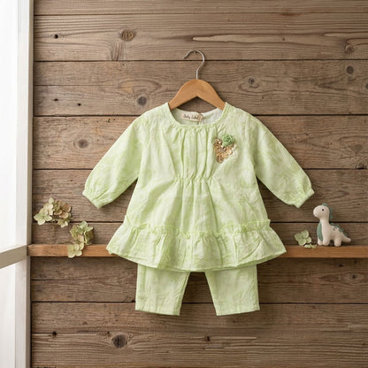 Premium Girls 2-Piece Shimmer Set - Sage Green Frock Top & Pants