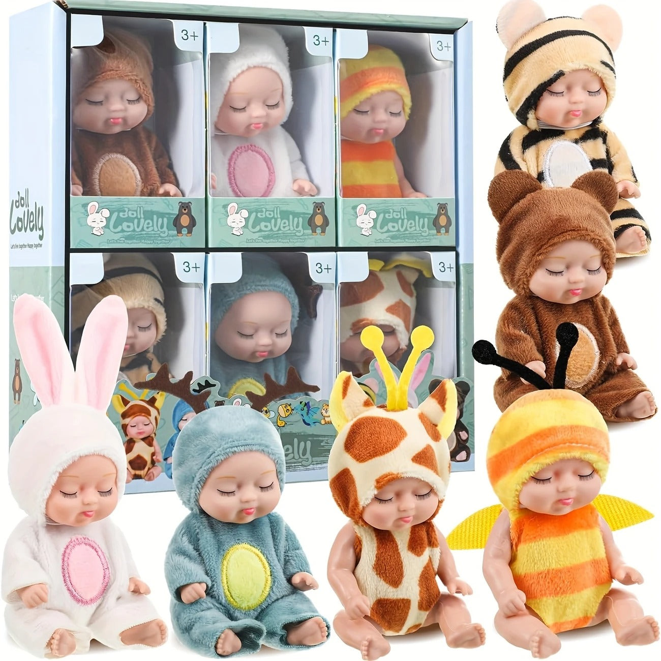 Pack of 6 Imported Cute Baby Dolls with Animal Costumes | Soft Plush Kids Toys Set