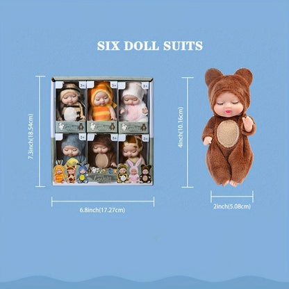 Pack of 6 Imported Cute Baby Dolls with Animal Costumes | Soft Plush Kids Toys Set