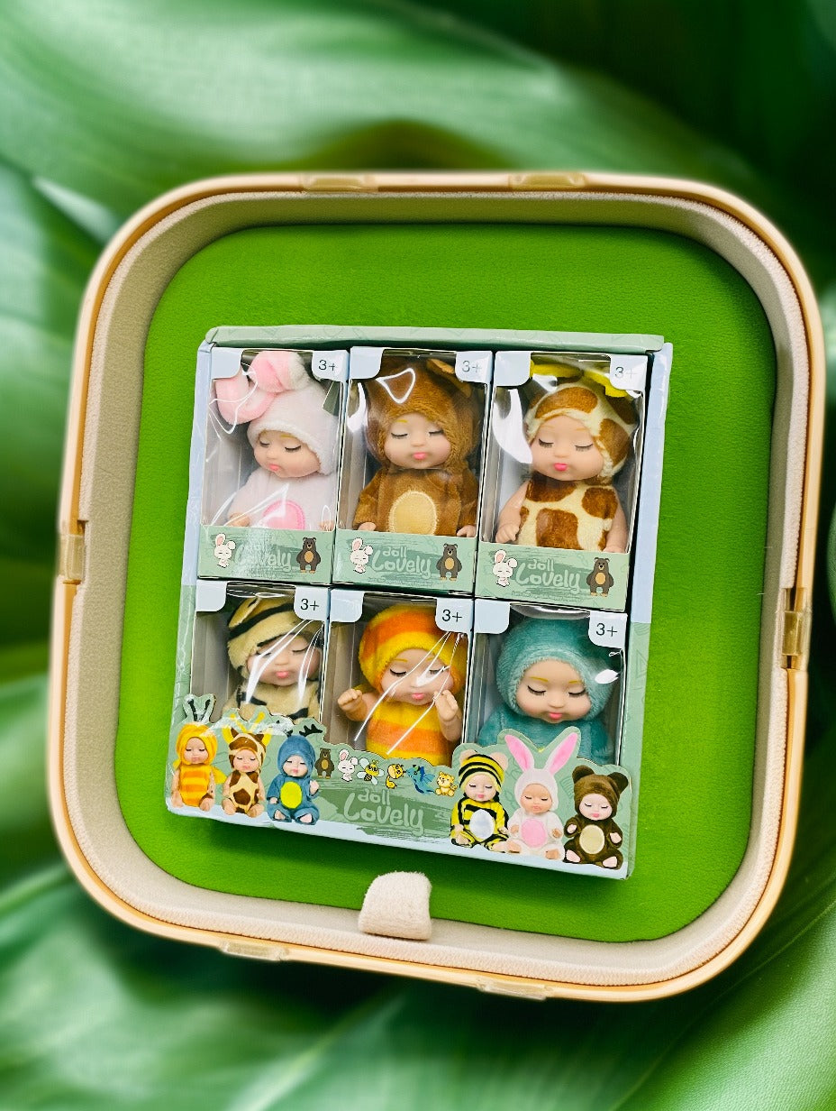 Pack of 6 Imported Cute Baby Dolls with Animal Costumes | Soft Plush Kids Toys Set