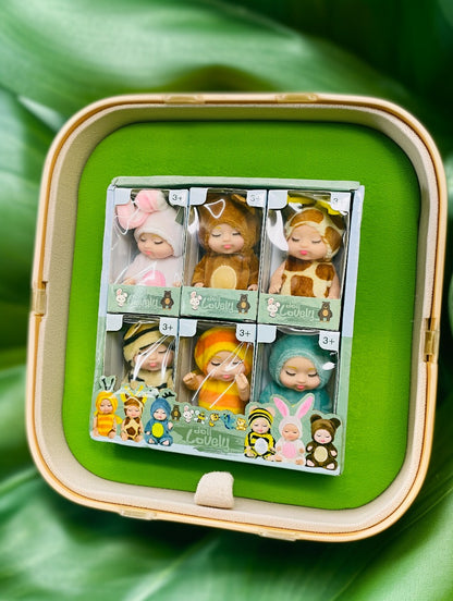 Pack of 6 Imported Cute Baby Dolls with Animal Costumes | Soft Plush Kids Toys Set