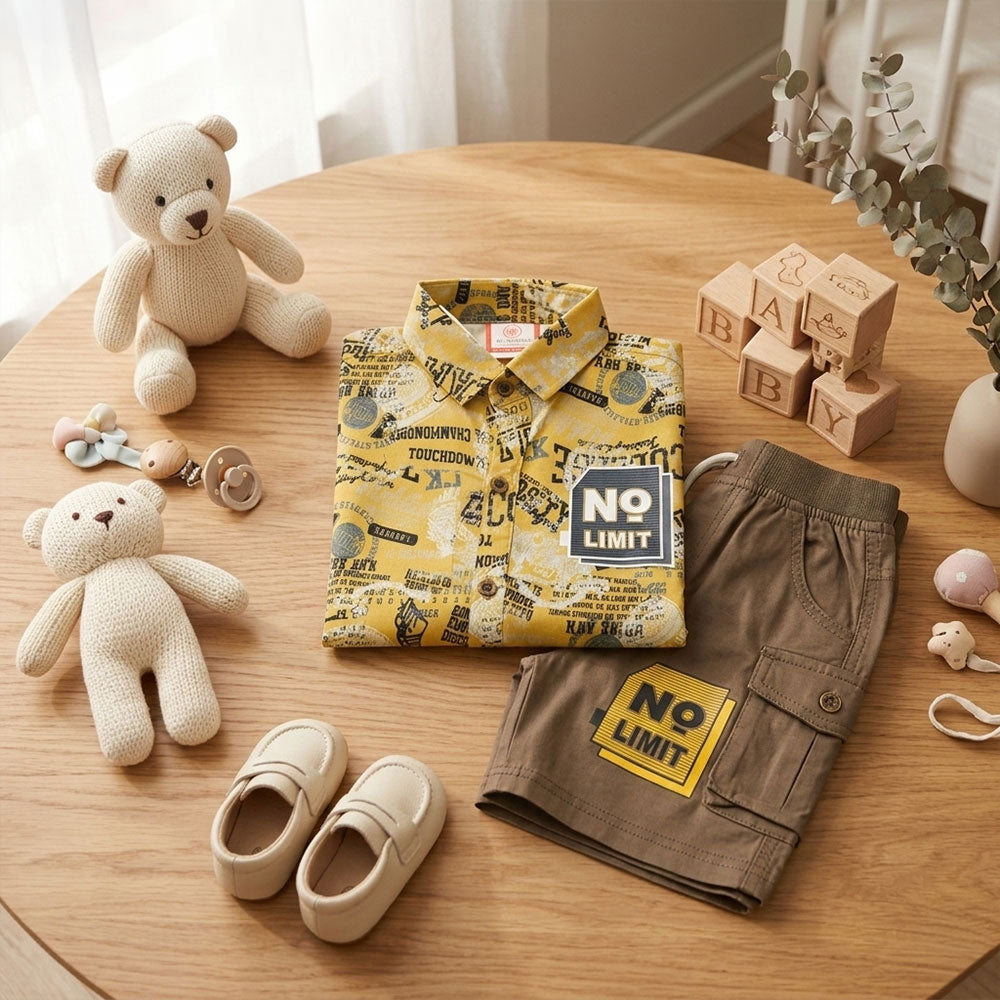 Premium Kids "No Limit" Safari Button-Down Shirt & Cargo Shorts Set